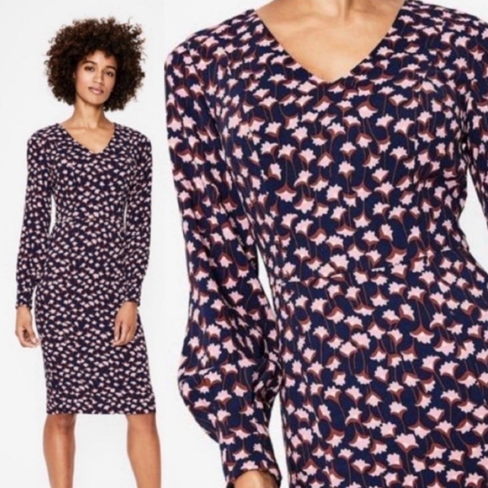 Boden Size 2P Petite Hannah Long Sleeve V-Neck Dress Navy and Burnt Amber Floral